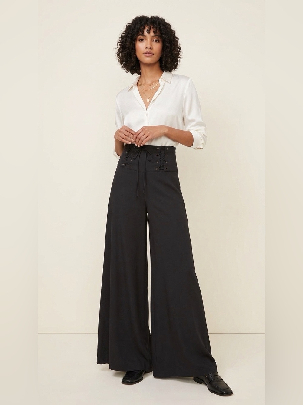 Sparkle & Fade Flowy Black High-Waist Lace-Up Wide Leg Pants Size 8